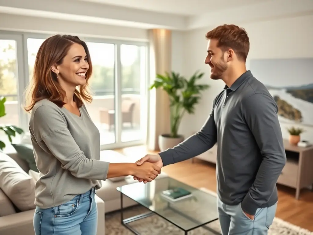 A photo of a happy customer shaking hands with a PurityNet cleaning team member in a sparkling clean living room, symbolizing customer satisfaction.