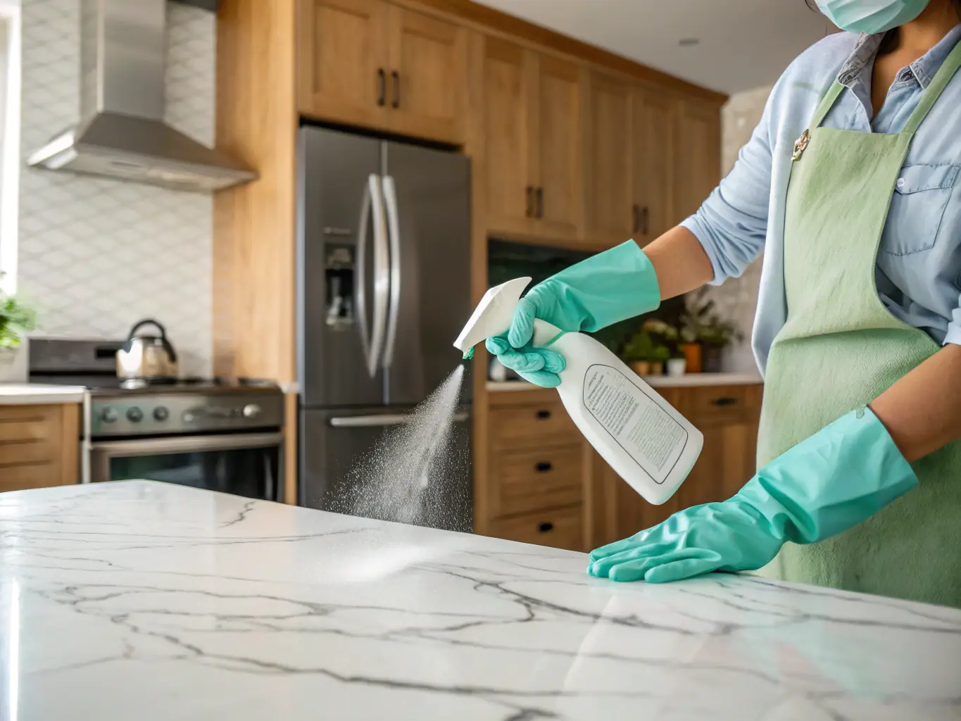 A photo of a PurityNet cleaning team member carefully cleaning a kitchen countertop with a spray bottle and a microfiber cloth, showcasing attention to detail.