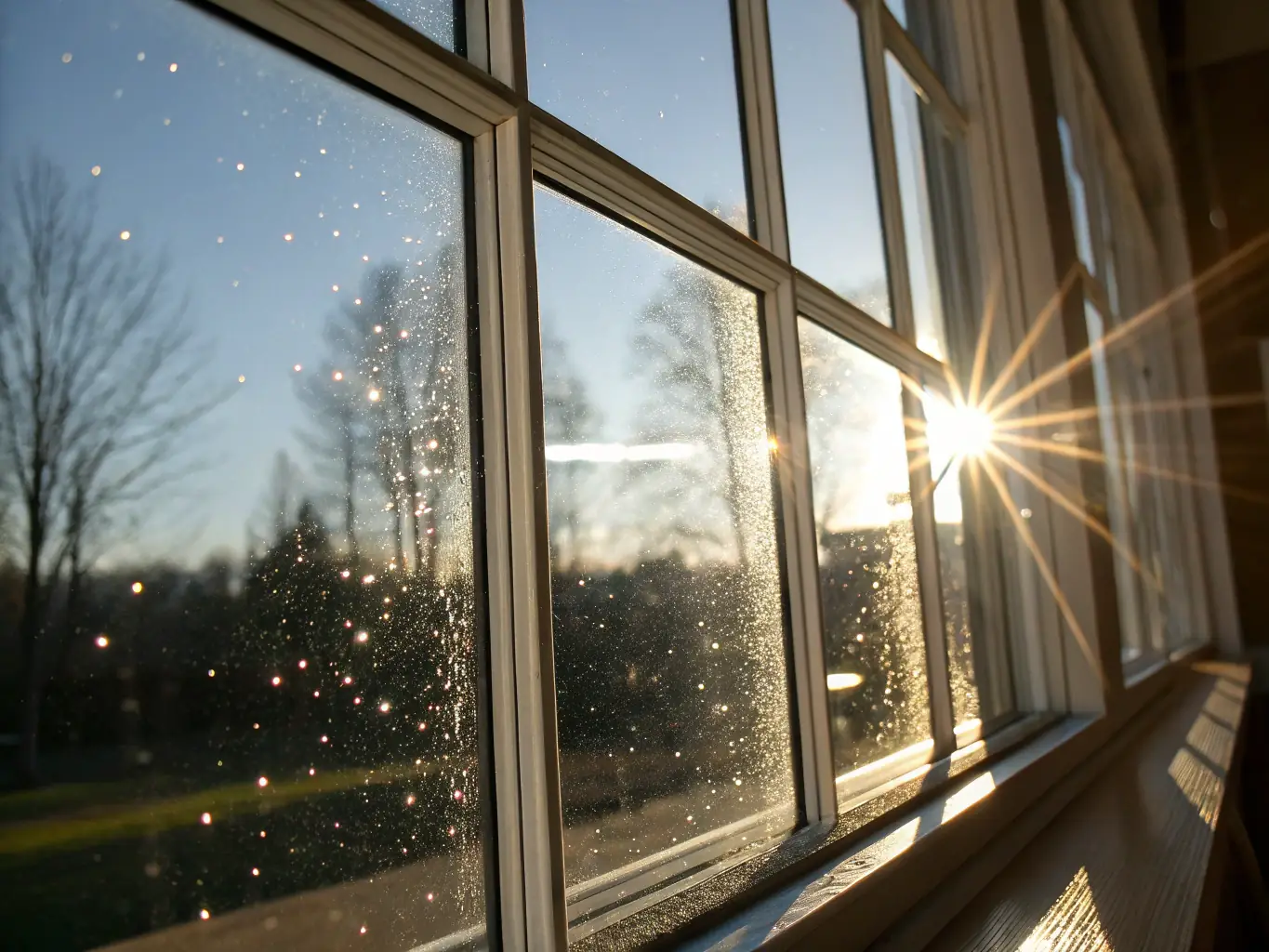 Close-up of a sparkling clean window with sunlight streaming through, demonstrating the clarity achieved by PurityNet's window cleaning service.