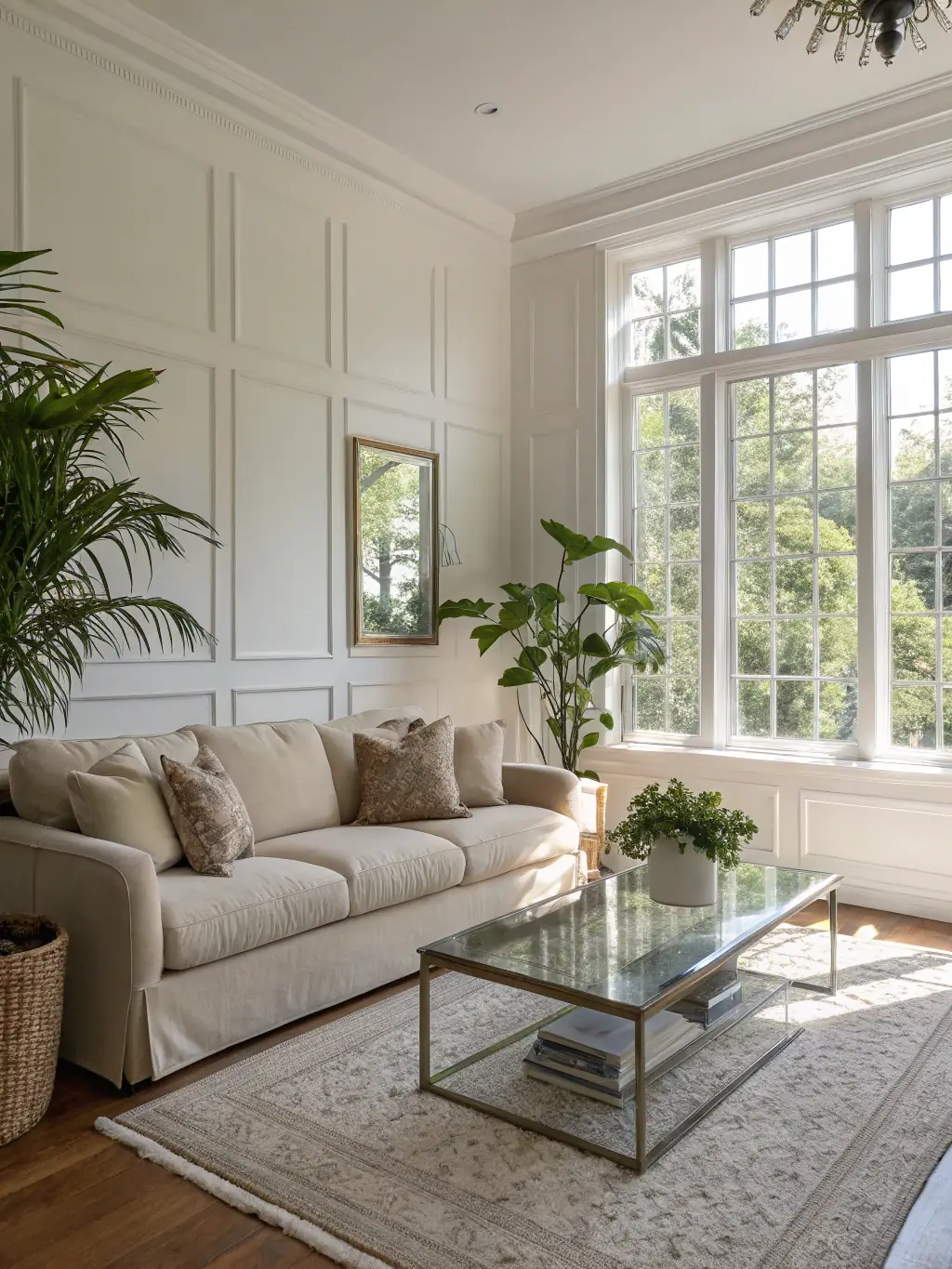 A bright, clean living room with shiny floors, freshly cleaned windows, and tidy surfaces, showcasing the results of a full house cleaning service.