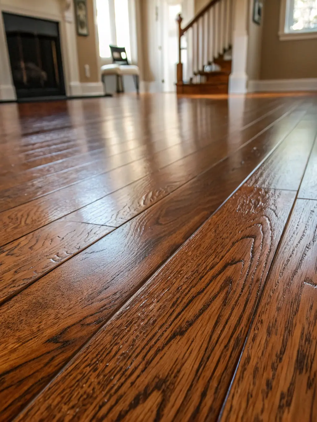 A gleaming, polished hardwood floor, reflecting light and showcasing the cleanliness achieved by PurityNet's floor cleaning service. Focus on the shine and lack of dirt.