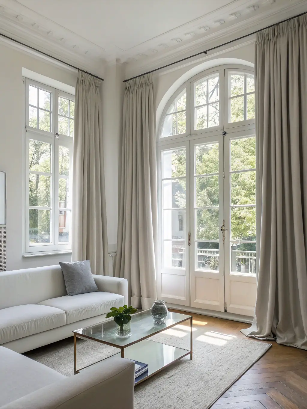 A bright, sunlit living room with sparkling clean windows, showcasing the clarity achieved by PurityNet's window cleaning service. The focus is on the streak-free glass and the enhanced natural light.