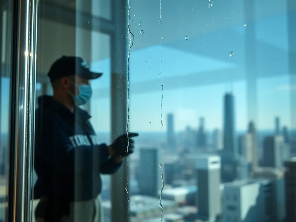 A close-up shot of a window cleaned by PurityNet, showcasing its clarity and streak-free finish, with sunlight streaming through.