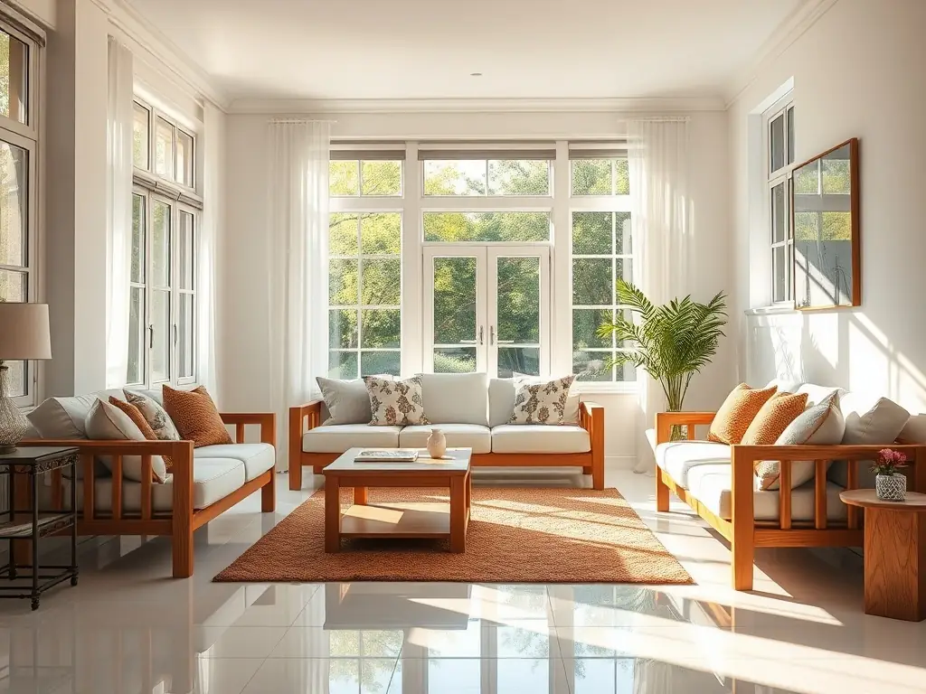 A bright, clean living room with shiny floors, freshly cleaned windows, and tidy surfaces, showcasing the results of PurityNet's full house cleaning service.