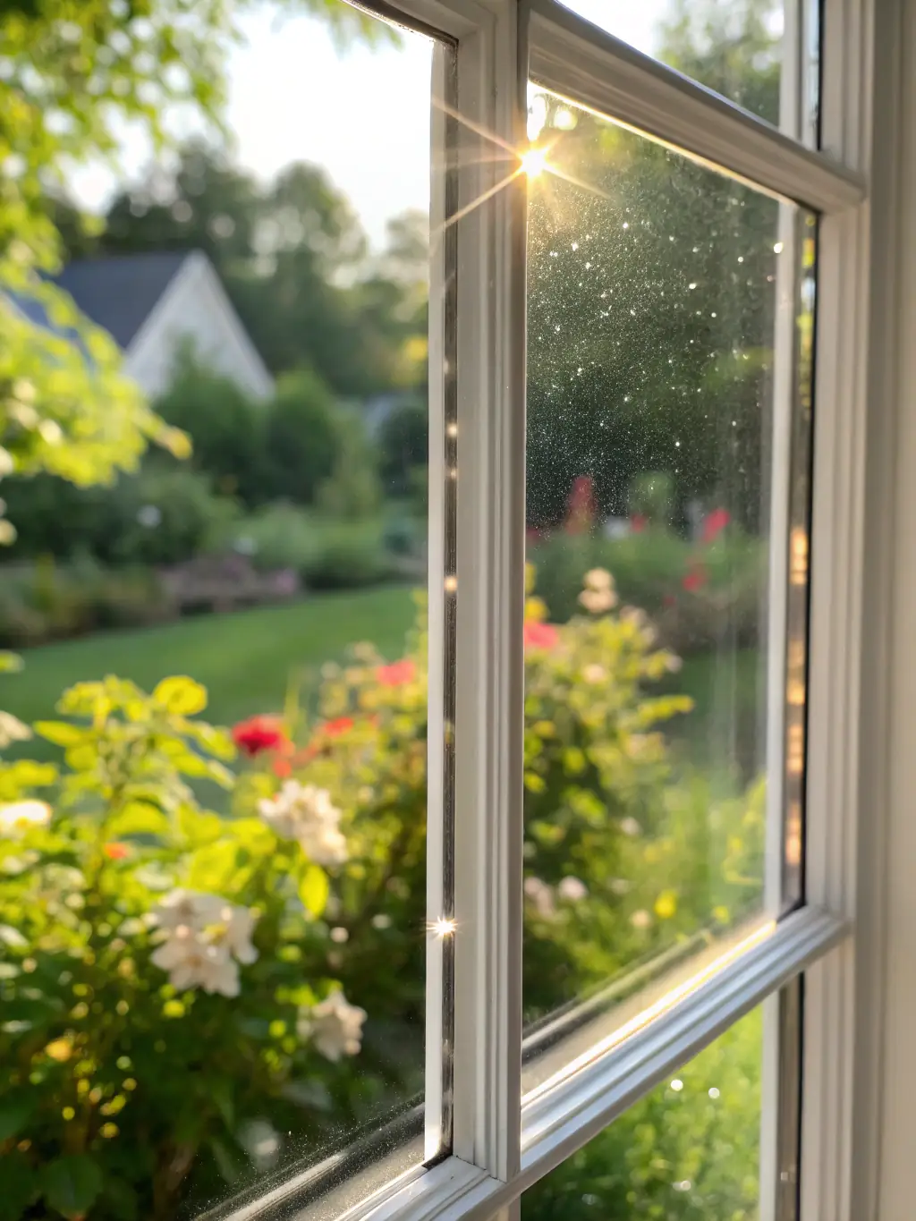Close-up of a sparkling clean window with sunlight streaming through, highlighting the clarity achieved by professional window cleaning.