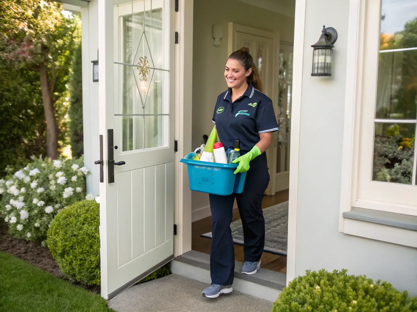 A picture of a PurityNet employee arriving on time at a client's house, smiling and carrying cleaning supplies, emphasizing punctuality and professionalism.